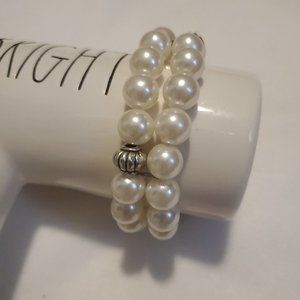 Womens White Pearl Anniversary Double Layered Adjustable Beaded Bracelet